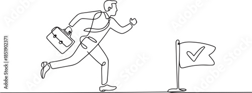 Continuous one line drawing of businessman running to next checkpoint to put check mark, journey of success, work progress concept. one line Icon drawing
