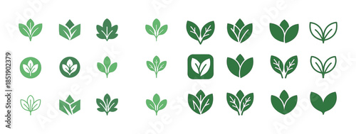Collection of green leaf icons in various styles and shapes