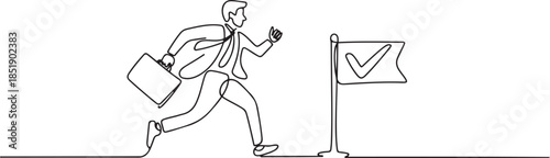 Continuous one line drawing of businessman running to next checkpoint to put check mark, journey of success, work progress concept. one line Icon drawing