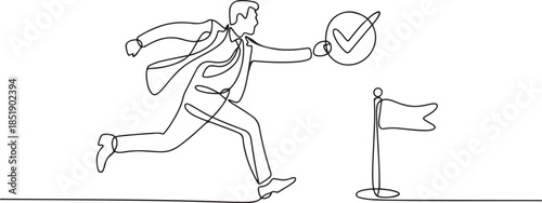 Continuous one line drawing of businessman running to next checkpoint to put check mark, journey of success, work progress concept. one line Icon drawing