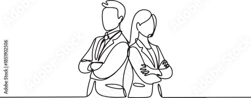 Continuous one line drawing of businessman and businesswoman standing together and crossing arms, business teamwork. one line Icon drawing