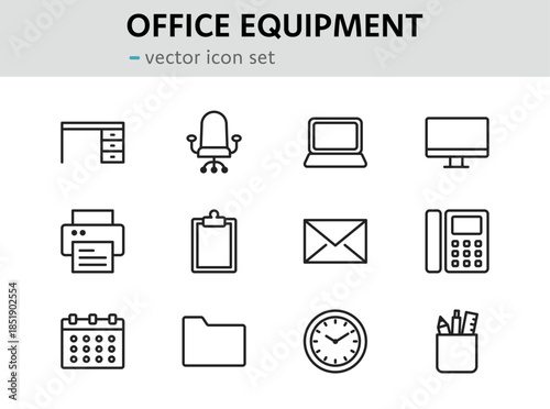 事務用品やオフィス機器のアイコンセット（線幅変更可能）