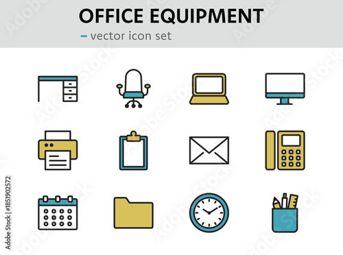 事務用品やオフィス機器のアイコンセット（線幅変更可能・カラー）