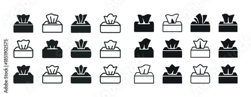 Set of 20 tissue box icons in black and white