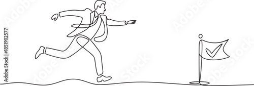 Continuous one line drawing of businessman running to next checkpoint to put check mark, journey of success, work progress concept. one line Icon drawing