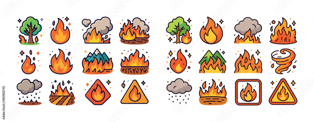 Obraz premium Colorful wildfire and safety icons featuring fire, flames, and n