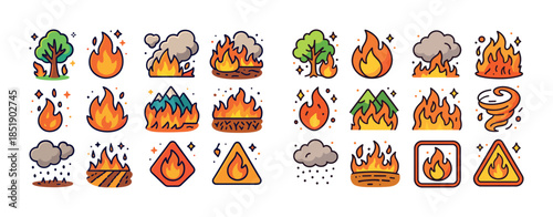 Colorful wildfire and safety icons featuring fire, flames, and n