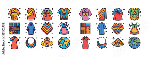 Colorful cultural attire icons featuring various traditional out