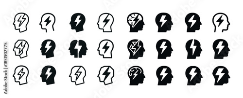 Set of human head icons with lightning bolts and brain symbols