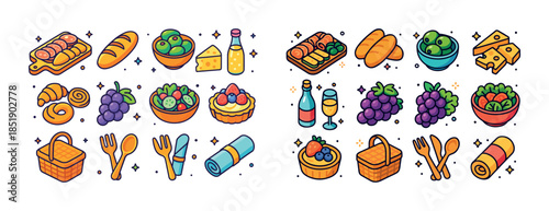 Colorful picnic icons set with food, drink, and accessories elem