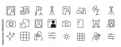 Photography icon set: cameras, tripods, lighting, people, and ed
