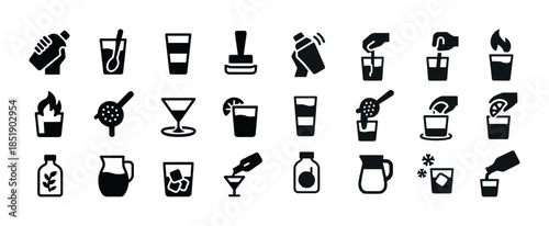 Black and white drink icons collection including glasses shaker