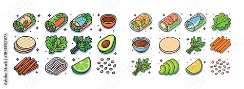 Illustrated sushi roll ingredients: fish, avocado, seaweed, herb