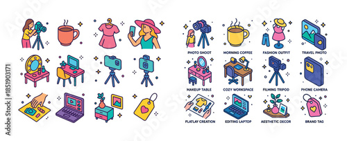 Colorful icons of photography, fashion, and coffee concepts