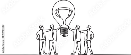Continuous one line drawing of business people holding big light bulb with trophy as filament, winning mentality in business team concept. one line Icon drawing