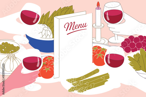 Elegant dining experience with wine, food, and a menu, perfect for a romantic evening.