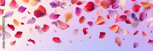 Delicate colorful flower petals scattered across a soft pastel gradient background, creating a romantic and airy spring atmosphere, ideal for weddings, Valentine’s Day, and beauty branding.
