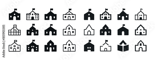 Set of 24 school building icons with various designs and styles