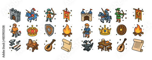 Medieval icons set: knights, castles, symbols, and tools of the