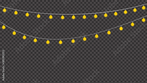 Yellow String Lights with Glowing Bulbs on Transparent Background. Festive Christmas, Holiday Party, Wedding and Event Decoration. Vector EPS Illustration, Scalable and Editable.