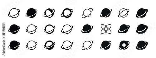 Collection of black planet icons with rings in various styles