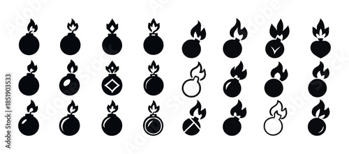 Collection of black bomb icons with flames in various designs