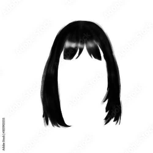 Black and white halftone illustration of a shoulder length female hairstyle with bangs isolated on white background. Beauty, fashion and haircut concept in minimal vintage print style.