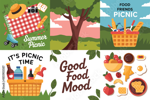 Vibrant illustrations depict joyful summer picnics with delicious food and outdoor fun.