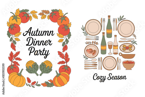Cozy autumn dinner party celebration with seasonal harvest and festive table setting