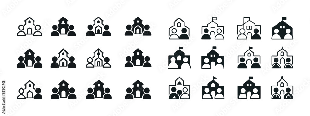Fototapeta premium Simple school icons set featuring people and buildings in variou
