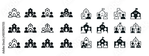 Simple school icons set featuring people and buildings in variou