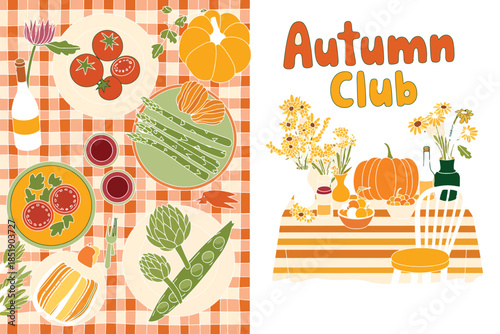 Vibrant autumn harvest spread with fresh vegetables and drinks on a checkered tablecloth.