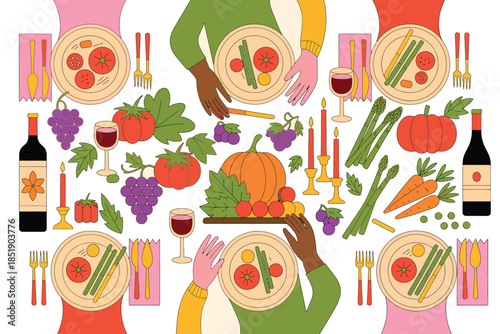 Diverse group of people enjoying a festive harvest dinner party with abundant food and wine.