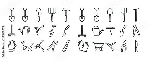 Collection of gardening tools line icons: shovels, rakes, pruner