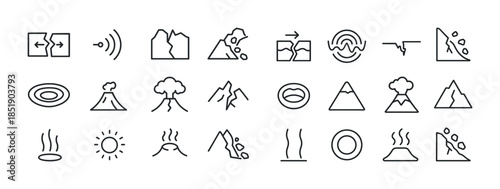 Geology icons set: volcanoes, mountains, earthquakes, thermal fe