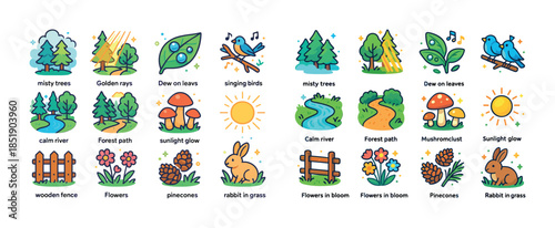 Whimsical nature scenes with animals, trees, and flowers illustr