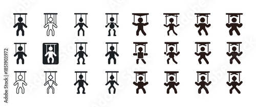 Various puppet figures in different poses on strings