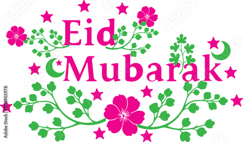 Eid Mubarak Floral Typography with Pink Flowers and Moon Vector