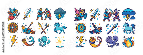 Colorful viking icons: warriors, weapons, and mythology symbols