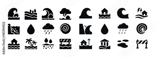 Set of natural disaster icons including waves, floods, and storm