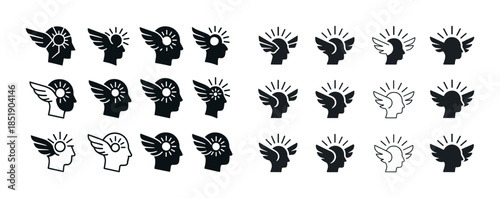 Silhouette icons of winged and radiant human heads in various st