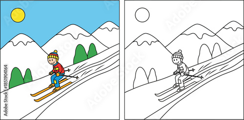 Coloring book page for kids with colored example vector illustration of a cute cartoon boy skiing on mountain slope winter sports activity worksheet outline