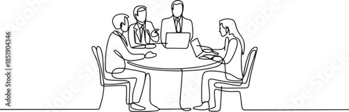 Continuous one line drawing of businesspeople discussing work around round table, business meeting, project discussion concept. one line Icon drawing