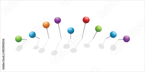 Realistic 3D vector illustration of colorful plastic pushpins, golden board tacks, and metal sewing needles isolated with shadows on transparent background