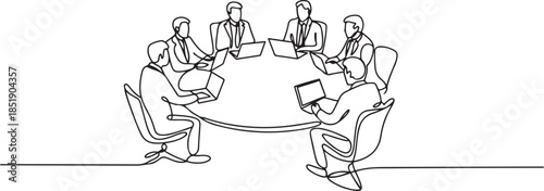 Continuous one line drawing of businesspeople discussing work around round table, business meeting, project discussion concept. one line Icon drawing