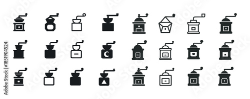 Vintage coffee grinder icons collection in black and white