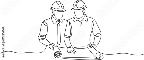 Continuous one line drawing of engineering manager discussing construction design with construction foreman. one line Icon drawing