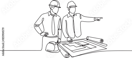 Continuous one line drawing of engineering manager discussing construction design with construction foreman. one line Icon drawing