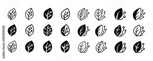 Seamless pattern of geometric leaf icons in black and white