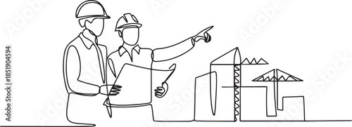 Continuous one line drawing of engineering manager discussing construction design with construction foreman. one line Icon drawing